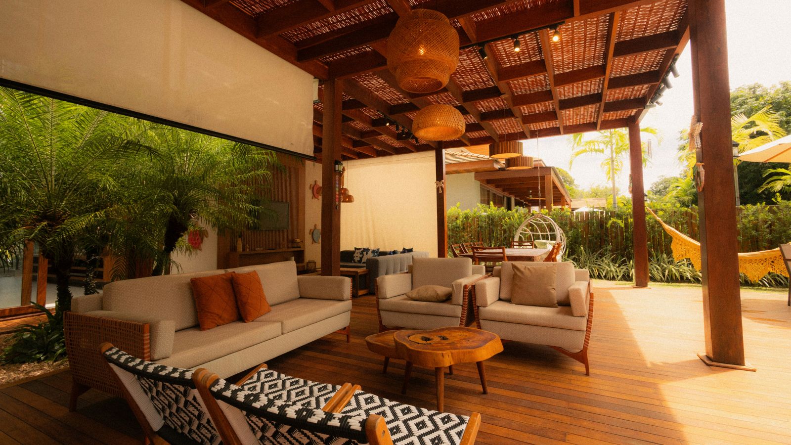 Covered patio with wood ceiling and lounge seating
